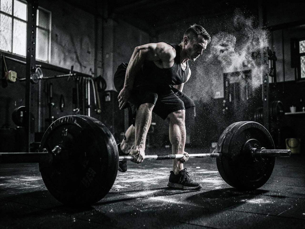 Athlete pulling a heavy deadlift with chalk dust in the air
